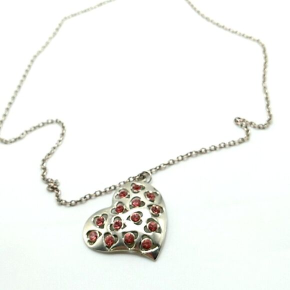 Silver-tone Heart Necklace Red Rhinestones - Picture 7 of 15